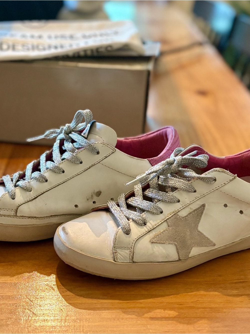 Golden Goose Superstar White Sneakers with Pink Lizard Lining and leather Star